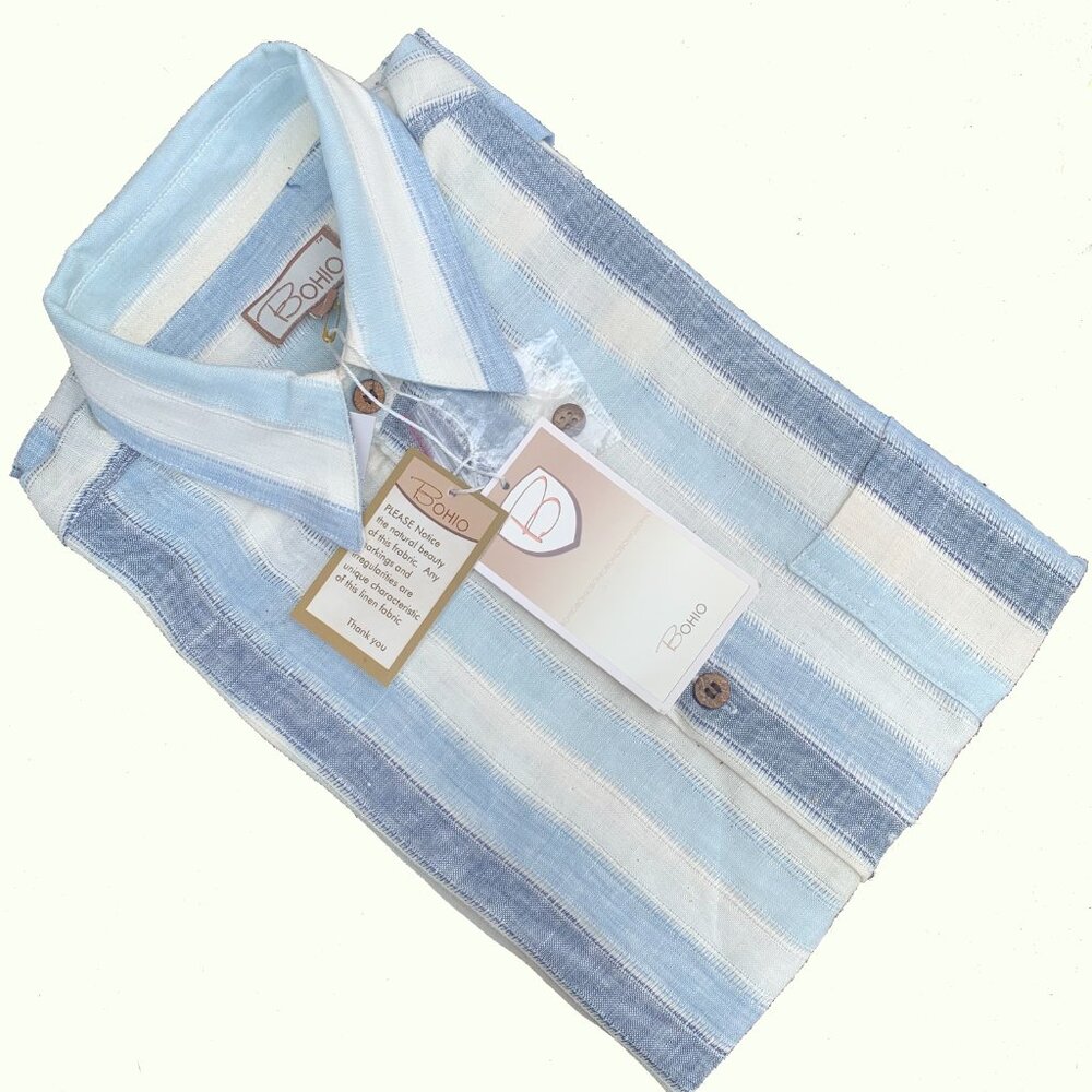 Bohio Casual Linen Short Sleeve Shirt in Blue with Stripe Size S